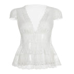 Damen Spitzenbluse mit Rüschendetails und tiefem V-Ausschnitt R&B