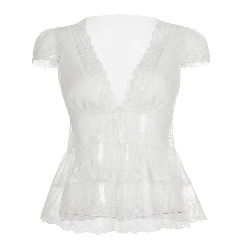 Damen Spitzenbluse mit Rüschendetails und tiefem V-Ausschnitt R&B