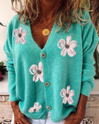 Damen Strickjacke mit floralen Applikationen und knöpfigem Verschluss R&B