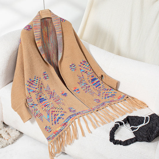 Damen Strickponcho mit buntem Navajo-Muster und fransigem Saum R&B