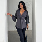 Damen Elegantes Wickeloberteil mit weitem Ärmel und V-Ausschnitt R&B