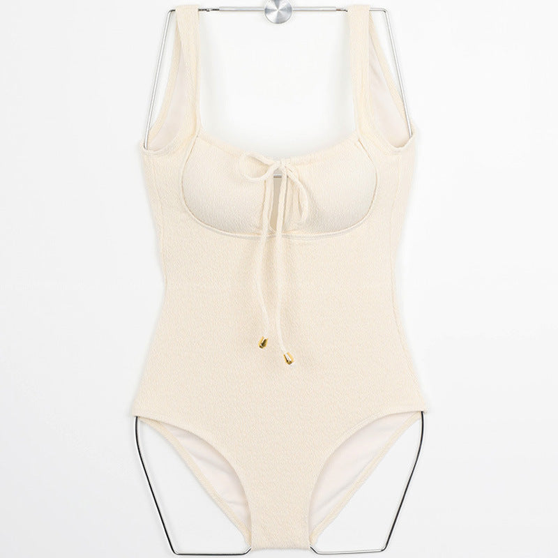 Damen Einteiler Badeanzug mit hochgeschlossenem Toper Design und modischem Schnürdetail R&B