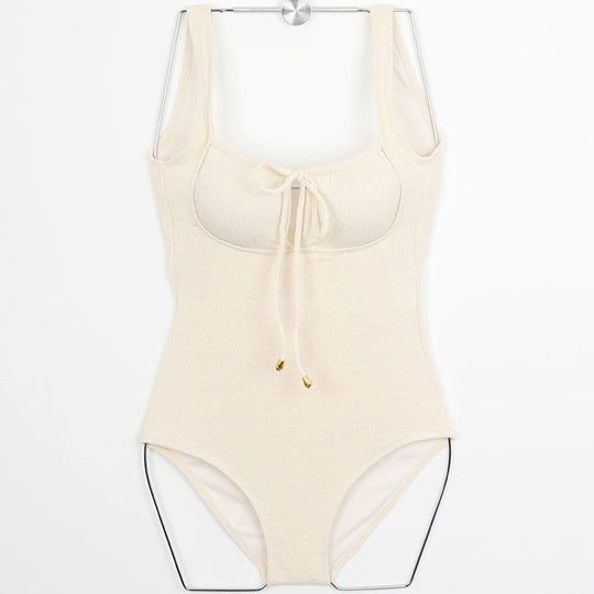 Damen Einteiler Badeanzug mit hochgeschlossenem Toper Design und modischem Schnürdetail R&B