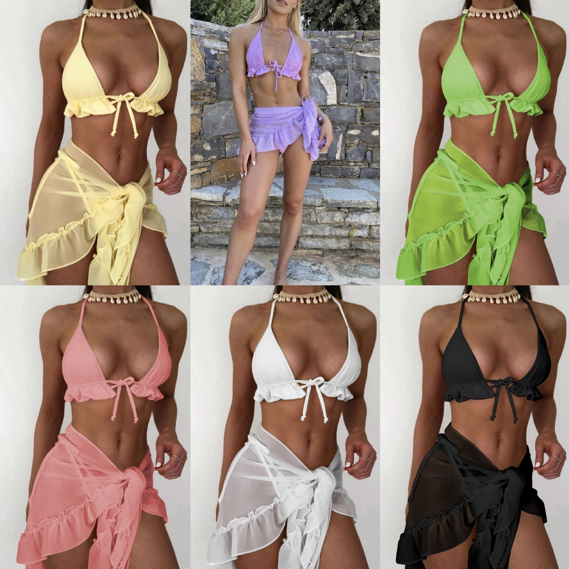 Damen Bikini mit Rüschen und transparentem Wickelrock R&B