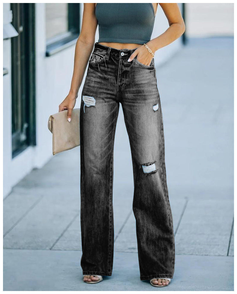 Damen Weit geschnittene Jeans mit Distressed-Effekten und hohem Bund R&B