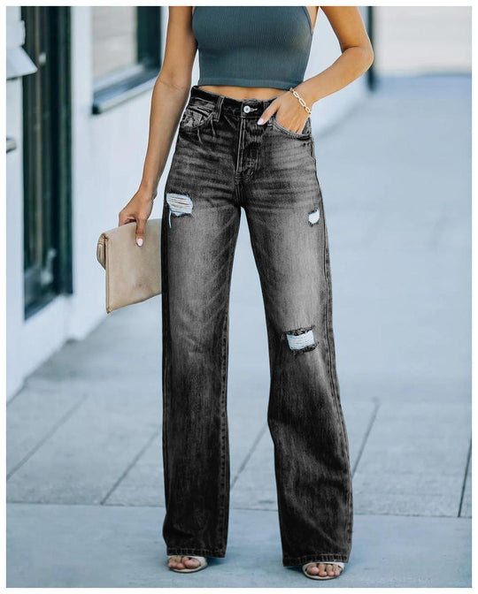 Damen Weit geschnittene Jeans mit Distressed-Effekten und hohem Bund R&B
