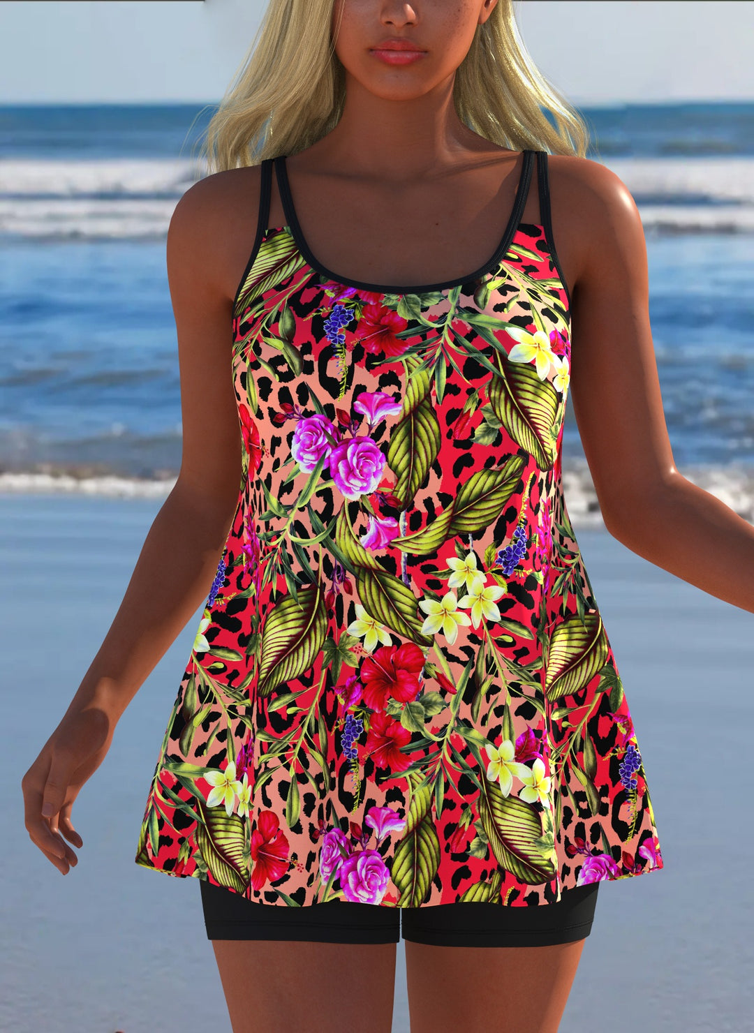 Damen Schwimmanzug in Plissee-Optik mit floralen Mustern und bequemen Shorts R&B