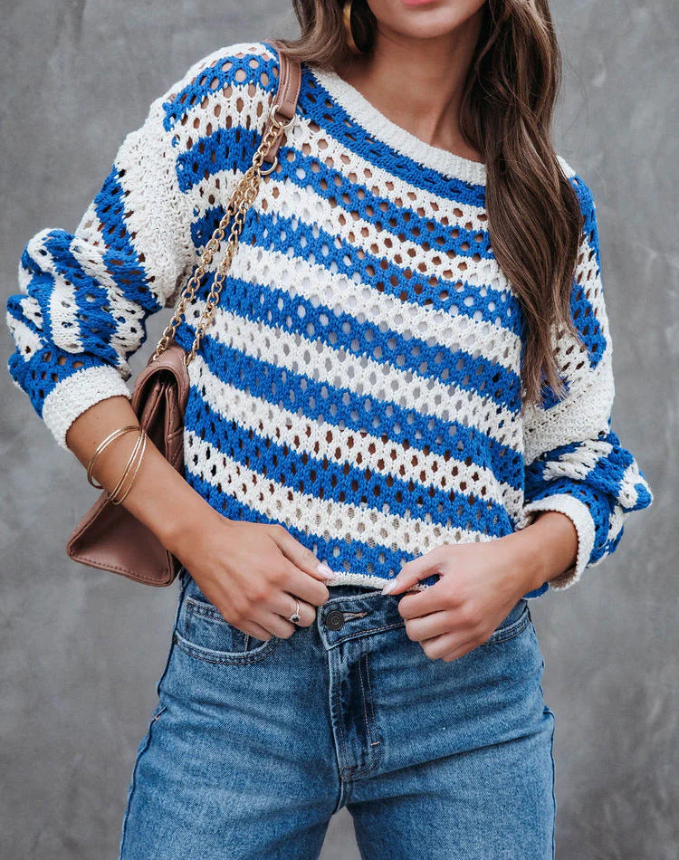 Damen luftiger Strickpullover mit großflächigem Lochmuster und Streifendesign R&B