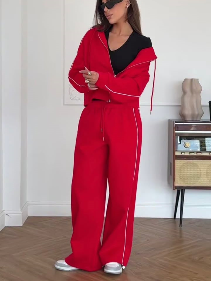 Damen sportliches Freizeit-Set aus trendigem Hoodie und weitem Stoffhose R&B