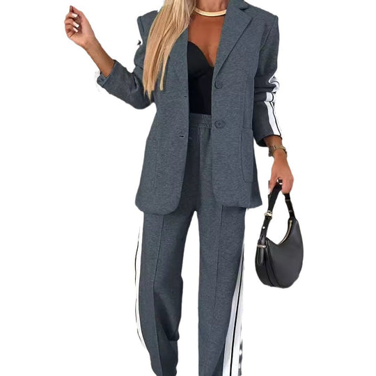 Damen nan elegantes Blazer-Set im Sportchic mit kontrastierenden Seitenstreifen und elastischer Bundhose R&B