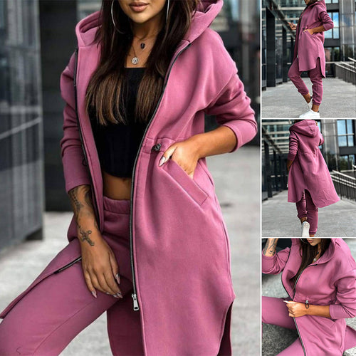 Damen nan lange Sweat-Kapuzenjacke mit Zweiwege-Reißverschluss, Tunnelzug-Taille, Eingrifftaschen und Seitenschlitzen R&B