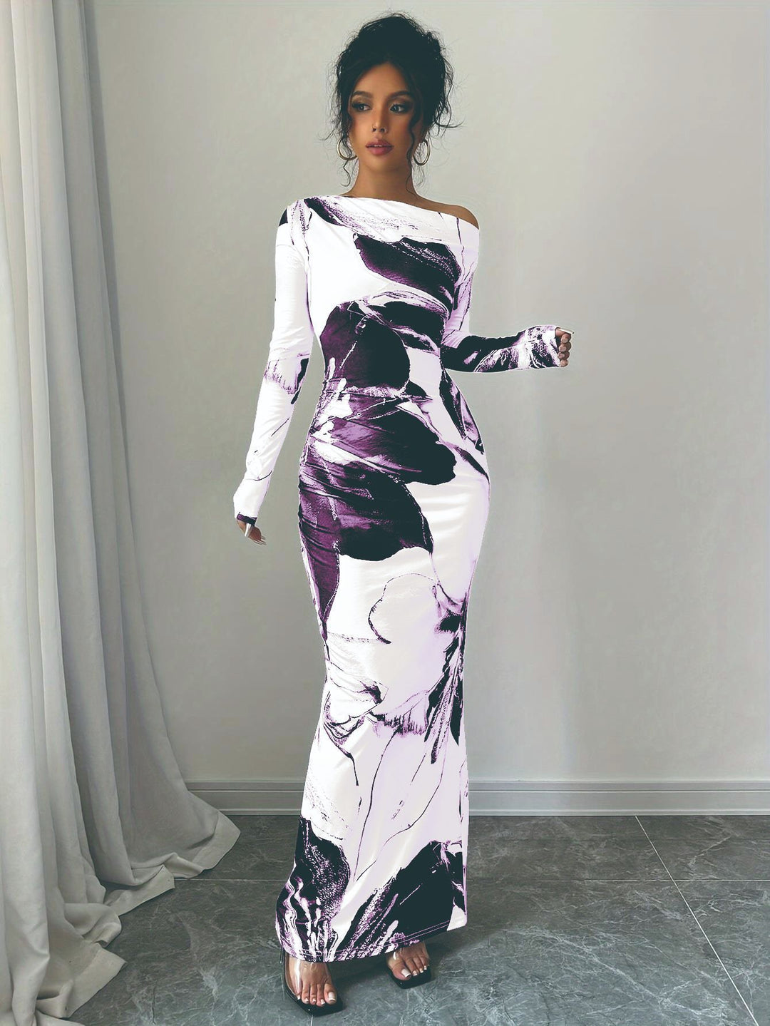 Damen Elegantes Maxikleid mit asymmetrischem Design und modernem Druck R&B