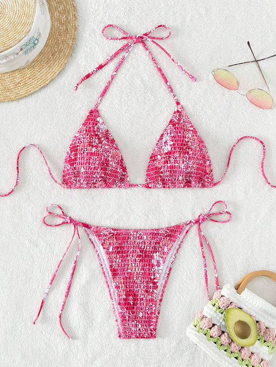 Damen Triangel-Bikini mit floralen Rüschendetails und verstellbaren Trägern R&B