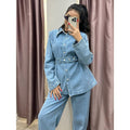 Damen Denim-Blazer-Set im Vintage-Stil mit Taillengürtel R&B