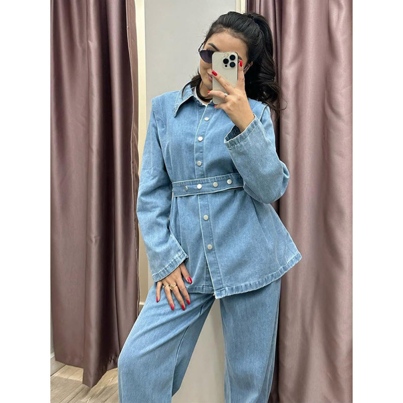 Damen Denim-Blazer-Set im Vintage-Stil mit Taillengürtel R&B