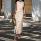 Damen Strickmaxikleid mit Knopfleiste und seitlichen Schlitzen R&B