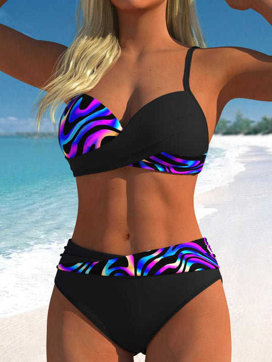 Damen Bikini-Set mit floralem Wickelmuster und bequemen High-Waist-Höschen R&B