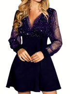 Damen elegantes Kurzarmkleid mit transparenten Ärmeln und funkelndem Detail R&B