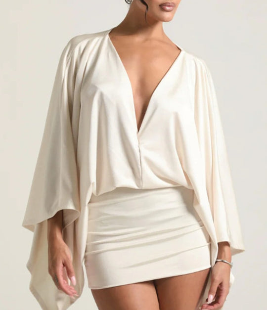 Damen nan Cape-Minikleid mit tiefem V-Ausschnitt, Fledermausärmeln und tailliertem Minirock R&B