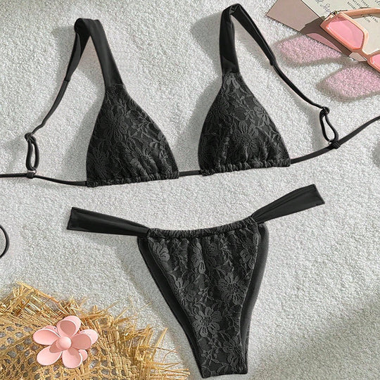Damen Triangel-Bikini mit floralem Spandex-Muster und verstellbaren Trägern R&B