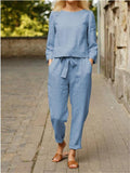 Damen Lässiges Zweiteiliges Leinen-Outfit mit breitem Bund