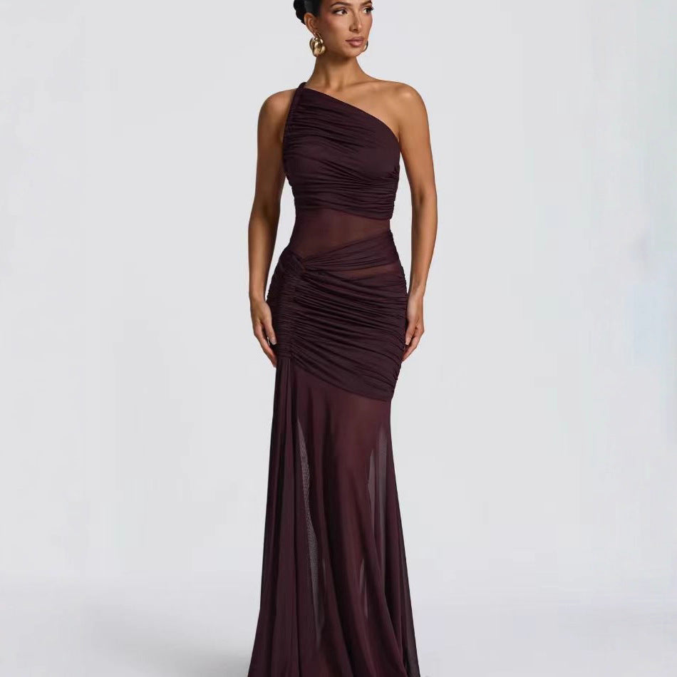 Damen Elegantes asymmetrisches Maxikleid mit Raffungen und transparenten Einsätzen R&B