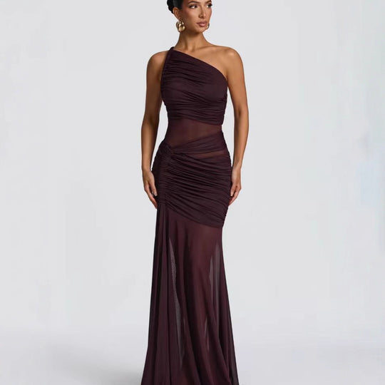 Damen Elegantes asymmetrisches Maxikleid mit Raffungen und transparenten Einsätzen R&B