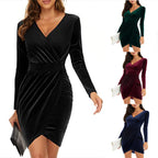 Damen Wickelkleid aus luxuriösem Veloursstoff mit elegantem V-Ausschnitt und langem Arm R&B