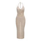 Damen Strick-Maxi-Kleid mit tiefem V-Ausschnitt und raffiniertem Knoten R&B