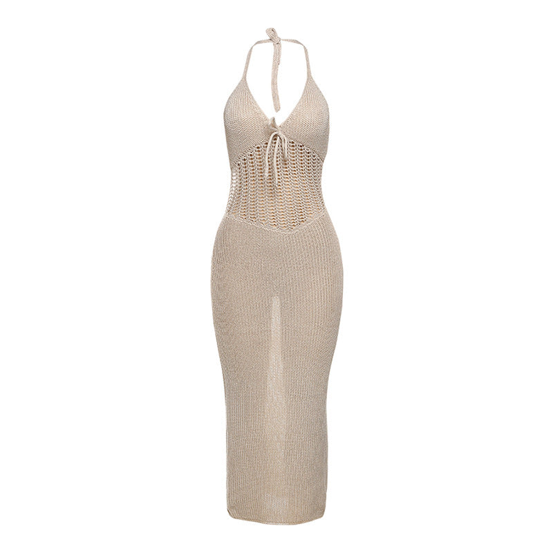 Damen Strick-Maxi-Kleid mit tiefem V-Ausschnitt und raffiniertem Knoten R&B
