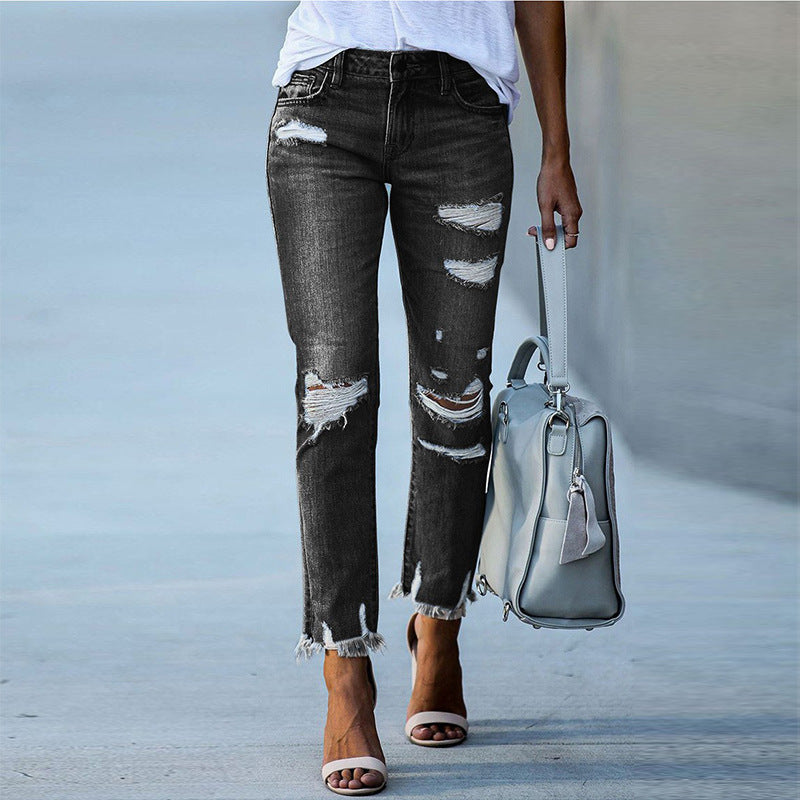 Damen destroyed Jeans mit fransigen Säumen und modischen Rissen R&B