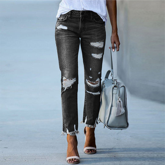 Damen destroyed Jeans mit fransigen Säumen und modischen Rissen R&B