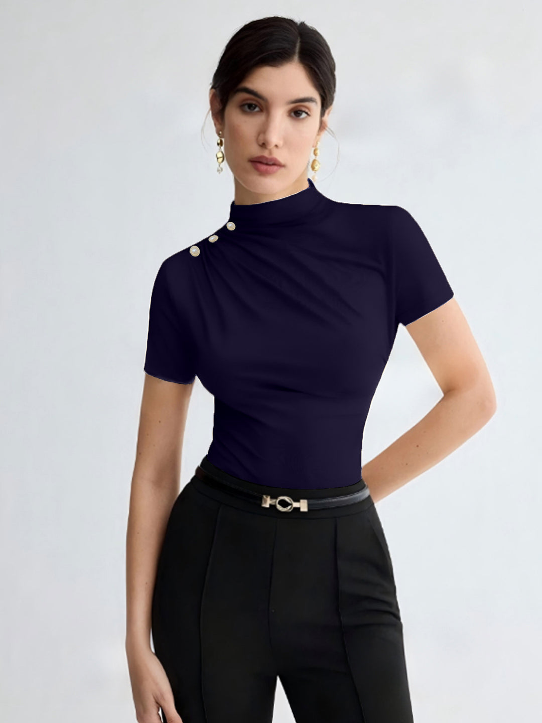 Damen elegantes Oberteil mit dekorativen Knopfdetails und modernem Stehkragen R&B