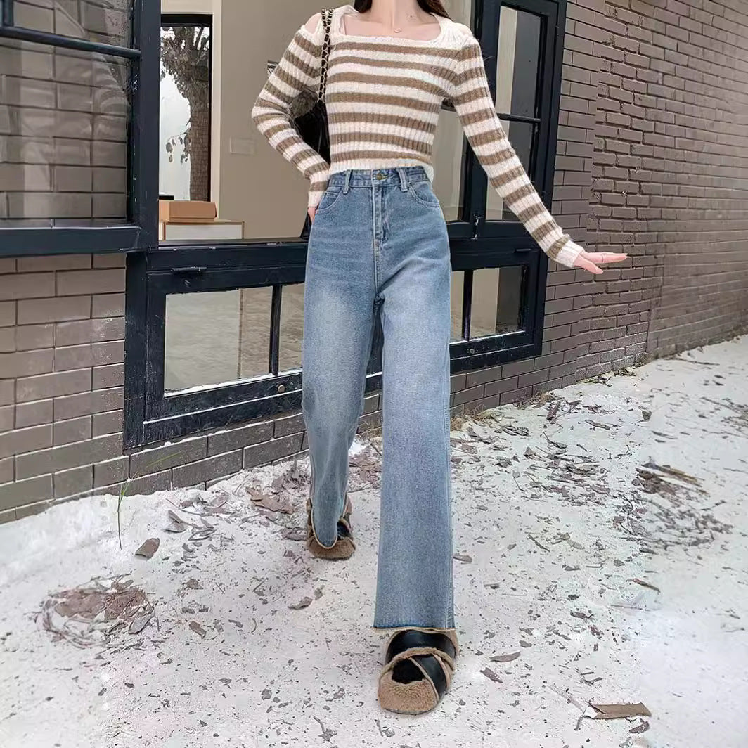 Damen Hochtaillierte weite Jeanshose im modernen Stil mit komfortablem Sitz R&B