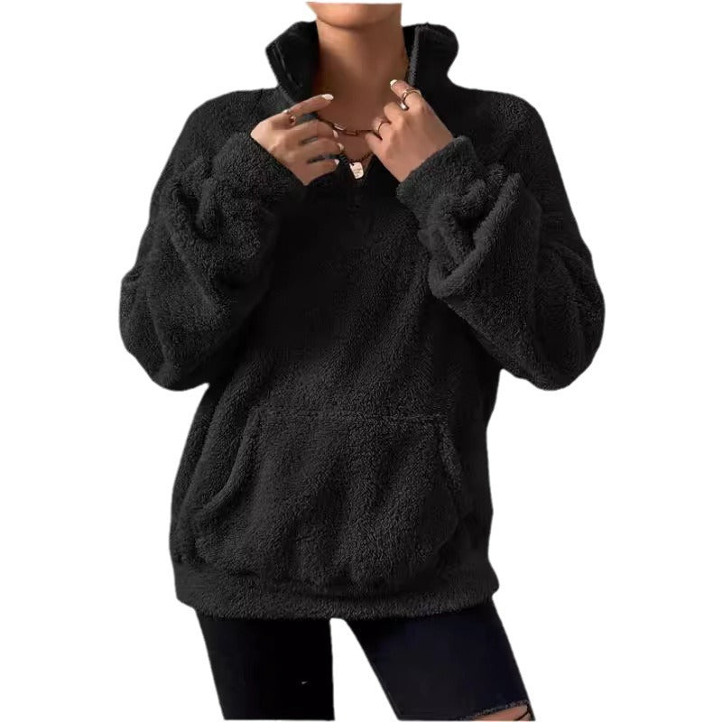 Damen Kuscheliger Fleece-Pullover mit Stehkragen und Eingrifftaschen R&B