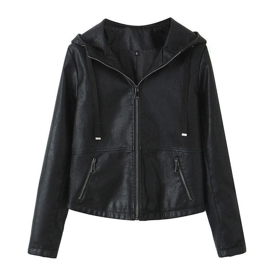 Damen Kunstlederjacke mit praktischer Kapuze und seitlichen Reißverschlusstaschen R&B