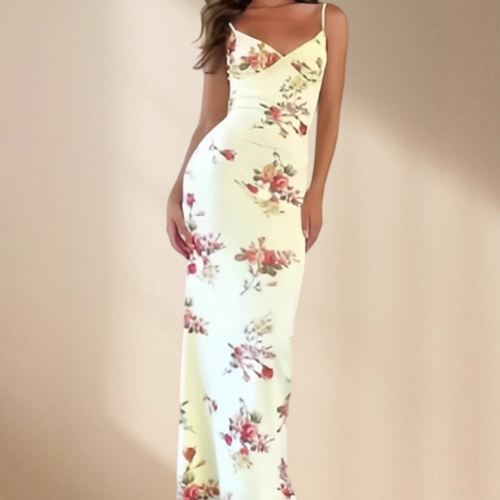 Damen Elegantes Maxikleid mit feinem floralem Design und Spaghettiträgern R&B