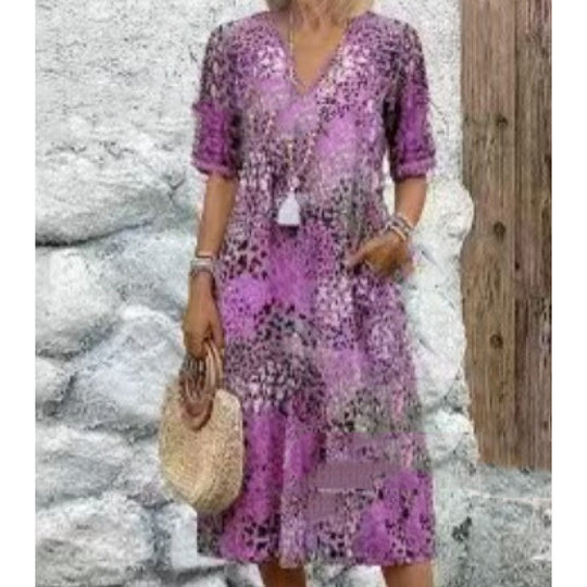 Damen Strandkleid im lässigen Stil mit Taschen und V-Ausschnitt R&B