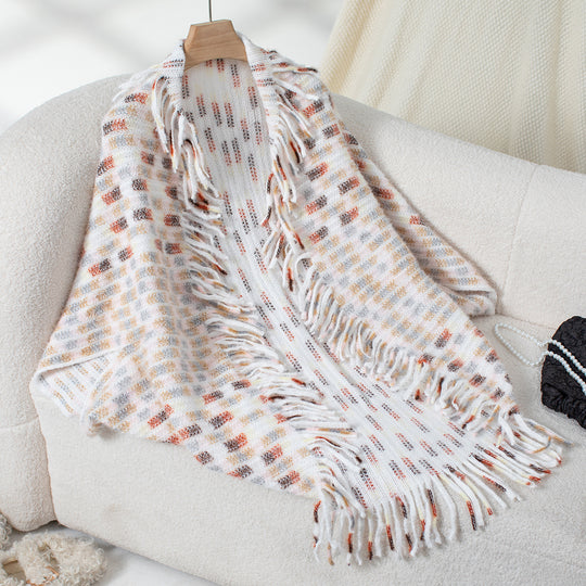 Damen eleganter Poncho mit fransigen Details und modernem Karomuster R&B