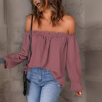 Damen Off-Shoulder Bluse mit Raffungen und weiten Ärmeln R&B