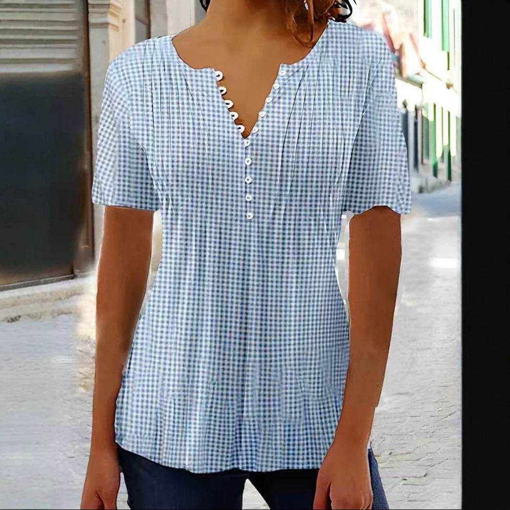 Damen nan leichte Karobluse mit V-Ausschnitt, Zierknopfleiste und Stufenvolant R&B