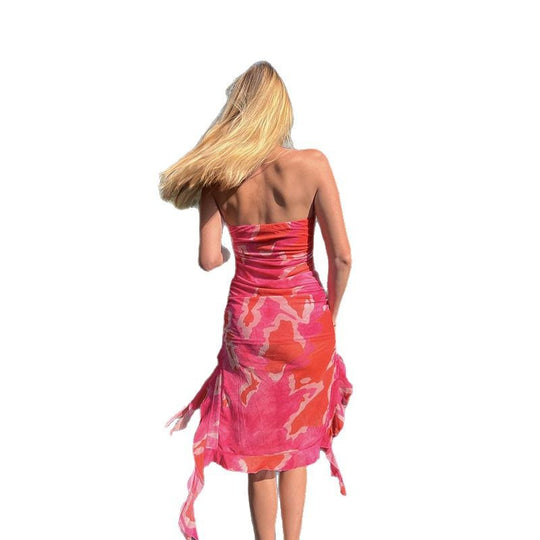 Damen elegantes Rüschenkleid mit trägerlosem Oberteil und asymmetrischem Saum R&B