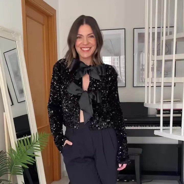 Damen Eleganter Paillettenblazer mit großem Schleifenverschluss und funkelnden Details R&B