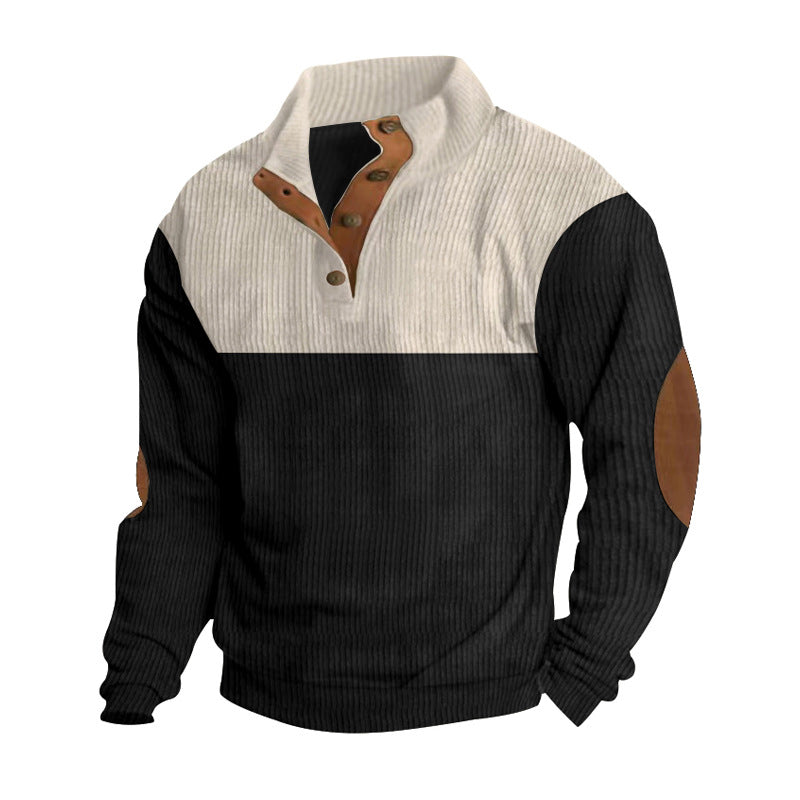 Herren nan lässiger Strickpullover mit Knopfleiste, Stehkragen und Ellenbogenpatches R&B