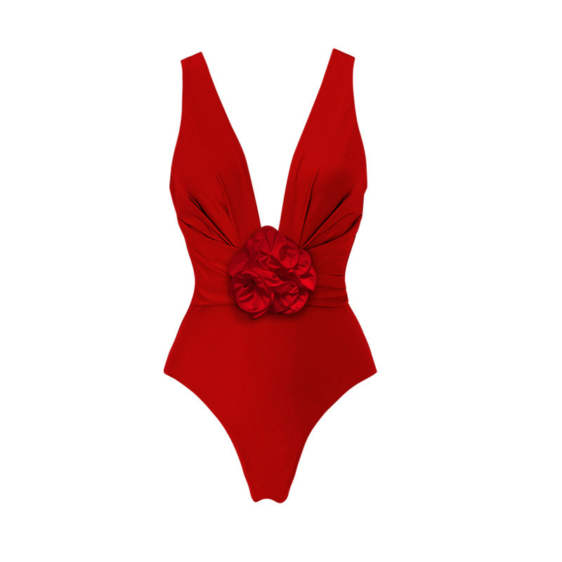 Damen Eleganter V-Ausschnitt Badeanzug mit dekorativem Blumenarrangement R&B