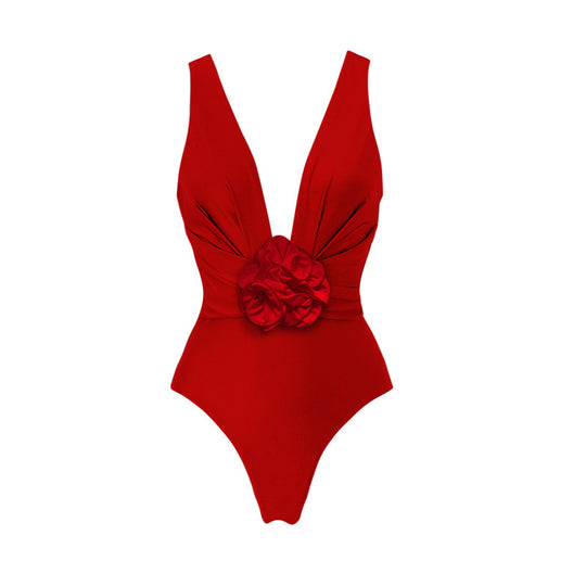 Damen Eleganter V-Ausschnitt Badeanzug mit dekorativem Blumenarrangement R&B