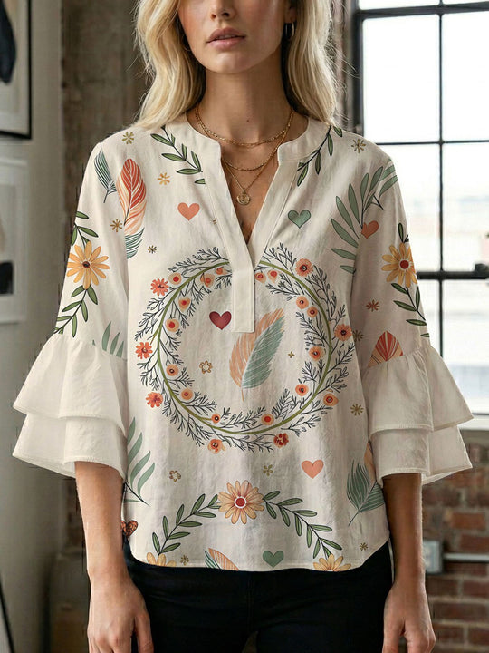 Damen Bluse mit voluminösen Flügelärmel und intensivem Blattmuster R&B