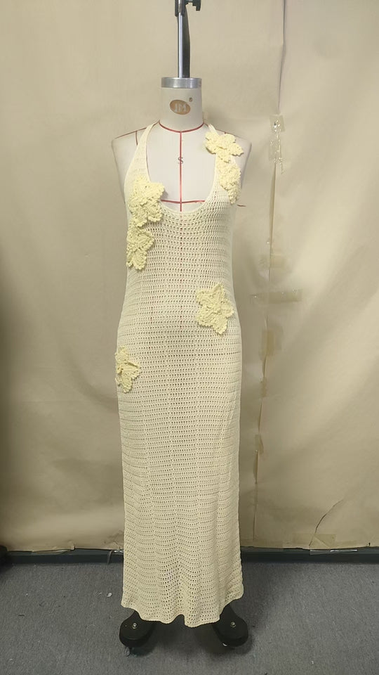 Damen häkel Maxi-Kleid mit floralem Design R&B