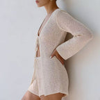 Damen luftige Strickjacke mit lockerer Passform und eleganter Schnürung R&B