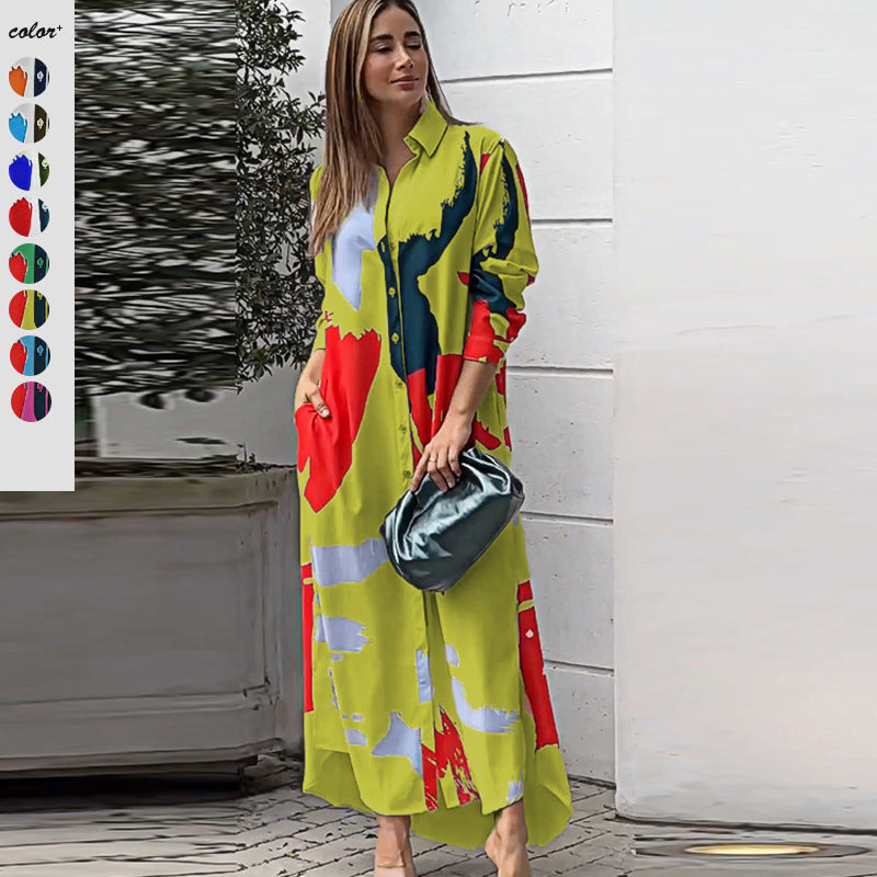 Damen Langarm Hemdkleid im modernen Grafikdesign mit Taschen R&B